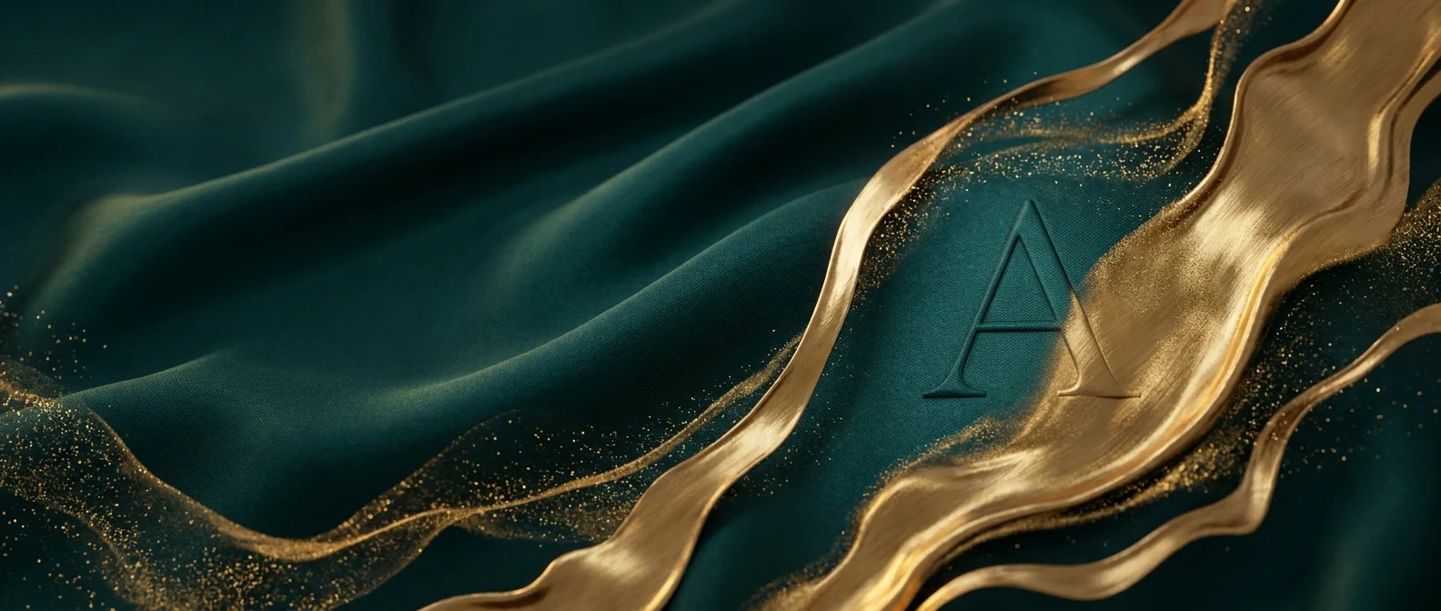 A luxurious teal and gold design with the letter 'A' evokes a sense of quality and sophistication.