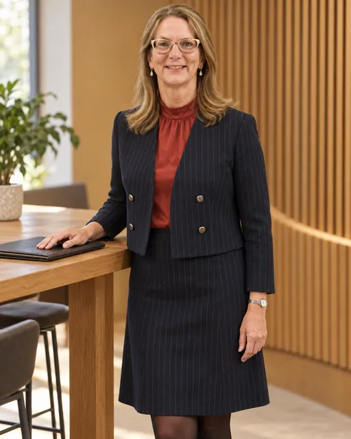 Anna Haranas in a pinstripe suit smiles at the camera, showcasing expertise in quality assurance.