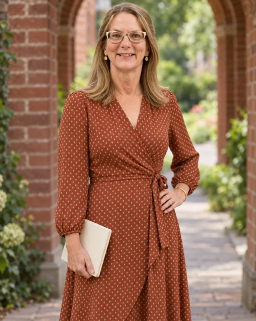 Anna Haranas in a copper dress stands outdoors near brick archways, showcasing her expertise in quality assurance.