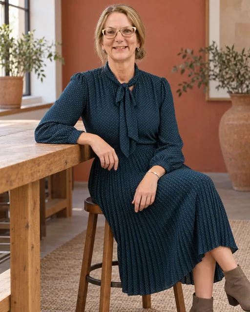 Anna Haranas seated in a petrol blue dress, showcasing expertise in quality assurance.