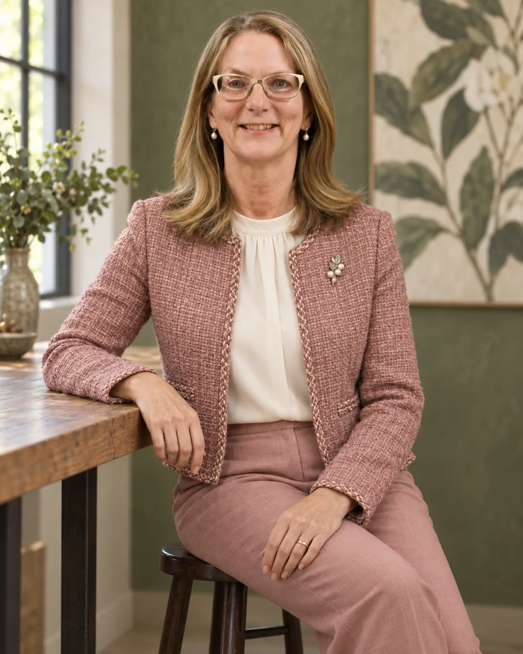 Anna Haranas seated in a rose tweed jacket, demonstrating leadership as a quality assurance consultant.